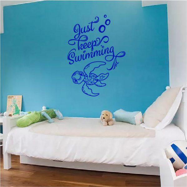 Just Keep Swimming quote with Turtle Squirt. Finding Nemo Theme. Wall Sticker. Navy color