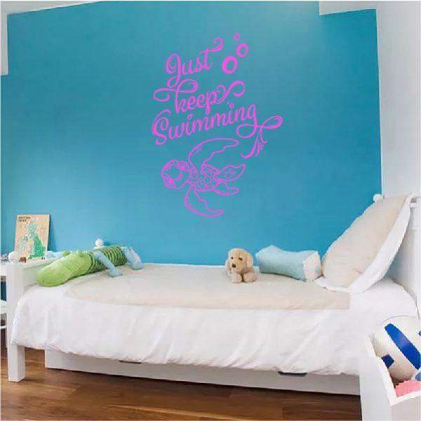 Just Keep Swimming quote with Turtle Squirt. Finding Nemo Theme. Wall Sticker. Pink color
