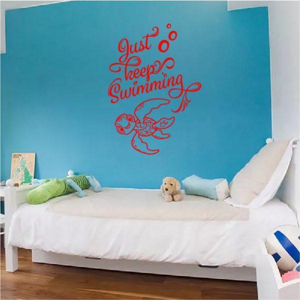 Just Keep Swimming quote with Turtle Squirt. Finding Nemo Theme. Wall Sticker. Red color