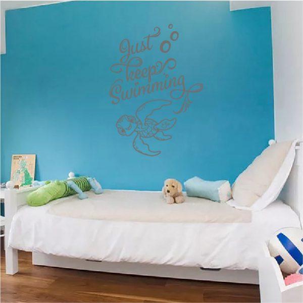 Just Keep Swimming quote with Turtle Squirt. Finding Nemo Theme. Wall Sticker. Silver color