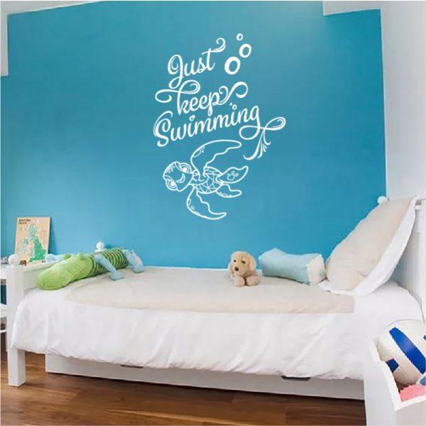 Just Keep Swimming quote with Turtle Squirt. Finding Nemo Theme. Wall Sticker. White color