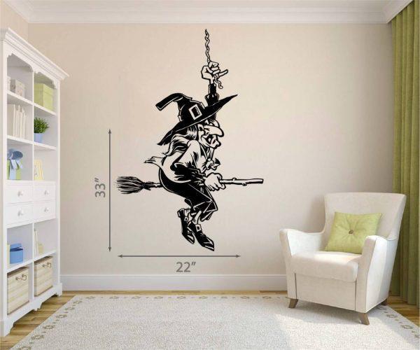 10 Halloween Wall Sticker.  Old Witch on a Broomstick.
