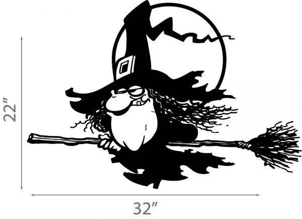 13 Halloween Wall Sticker.  Old Funny Witch on a Broomstick.