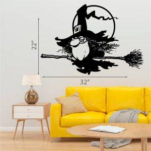 13 Halloween Wall Sticker.  Old Funny Witch on a Broomstick.