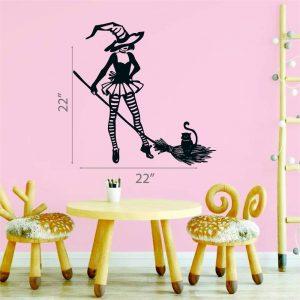 35 HalloweenYoung Witch in the Hat with Black Cat Broom