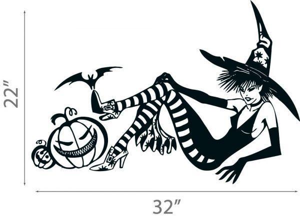 42 Halloween Wall Sticker. Young Sexy Witch in the Hat with Pumpkins and Bat