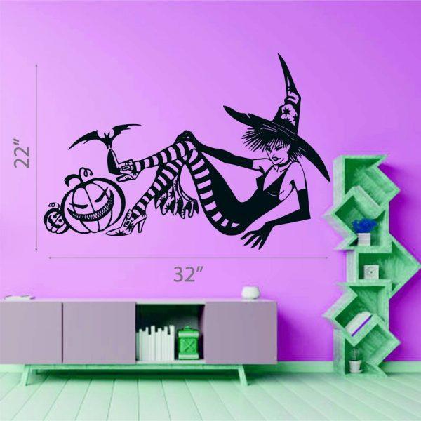 42 Halloween Wall Sticker. Young Sexy Witch in the Hat with Pumpkins and Bat