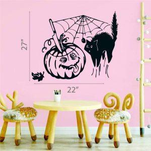 47 Halloween Wall Sticker. Pumpkin with a Knife Cobweb Black Cat