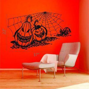 48 Halloween Wall Sticker. Angry Pumpkin Cobweb Spider