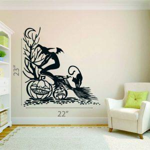 50 Halloween Wall Sticker. Witch on the broomstick Black Cat and Pumpkins