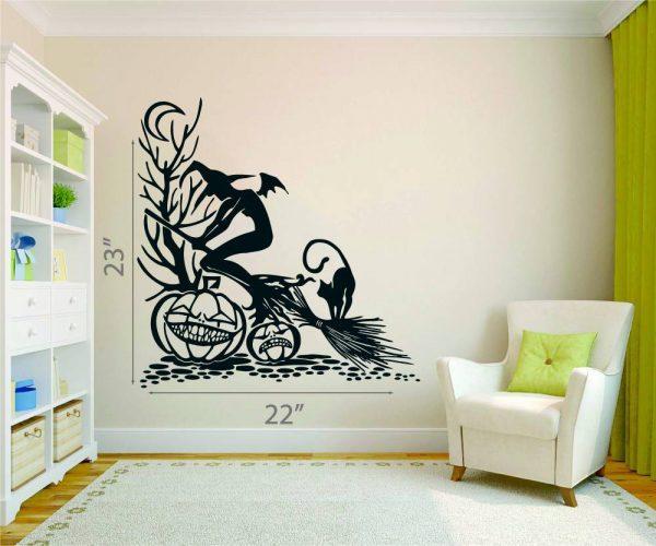 50 Halloween Wall Sticker. Witch on the broomstick Black Cat and Pumpkins
