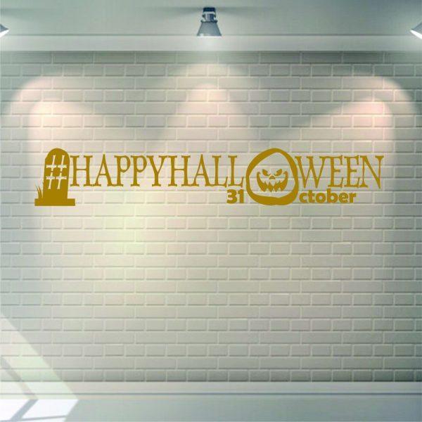 Halloween Wall Sticker. Hashtag Happy Halloween 31 оctober. Gold color.